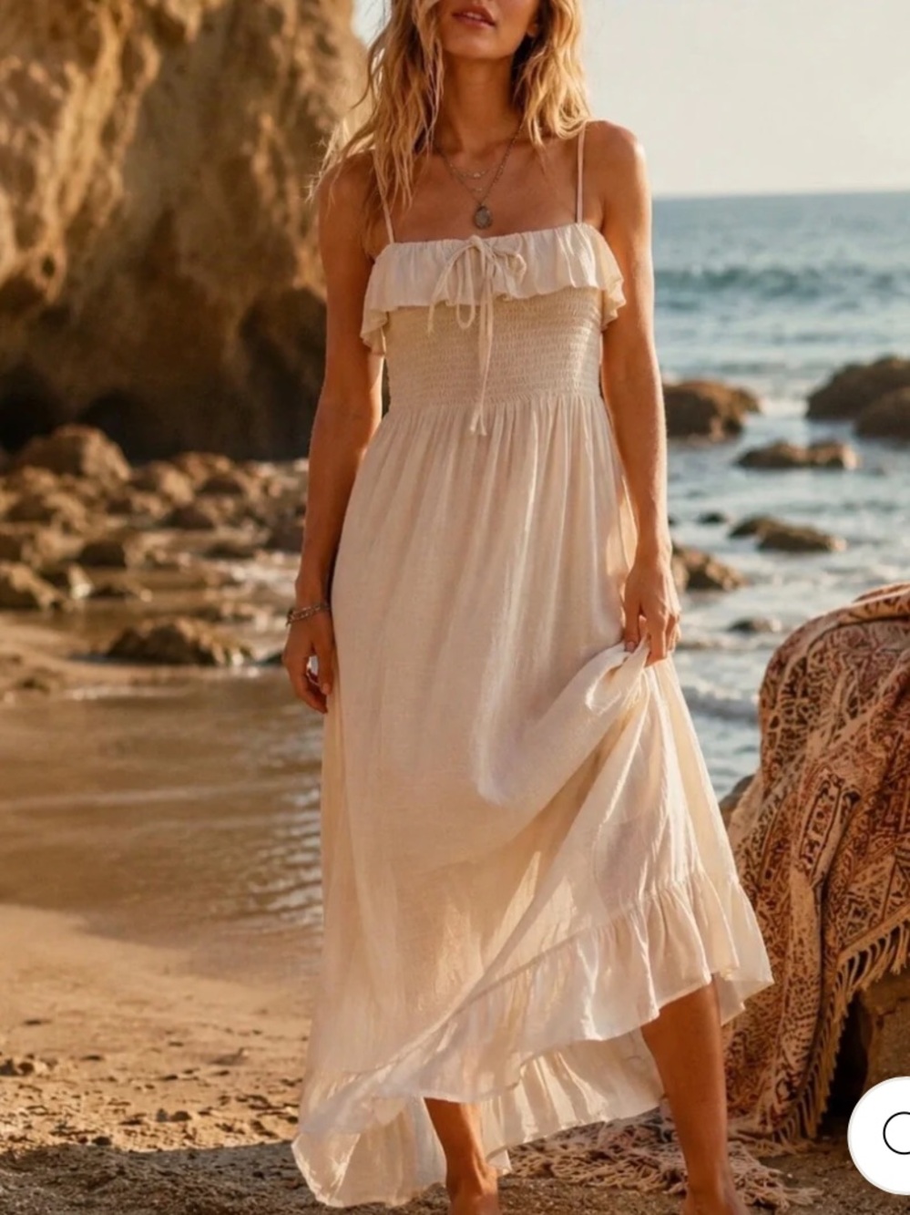 Boho Women's Hippie summer Cream Ruffle Maxi Dress with Smocked Bodice S-M-L